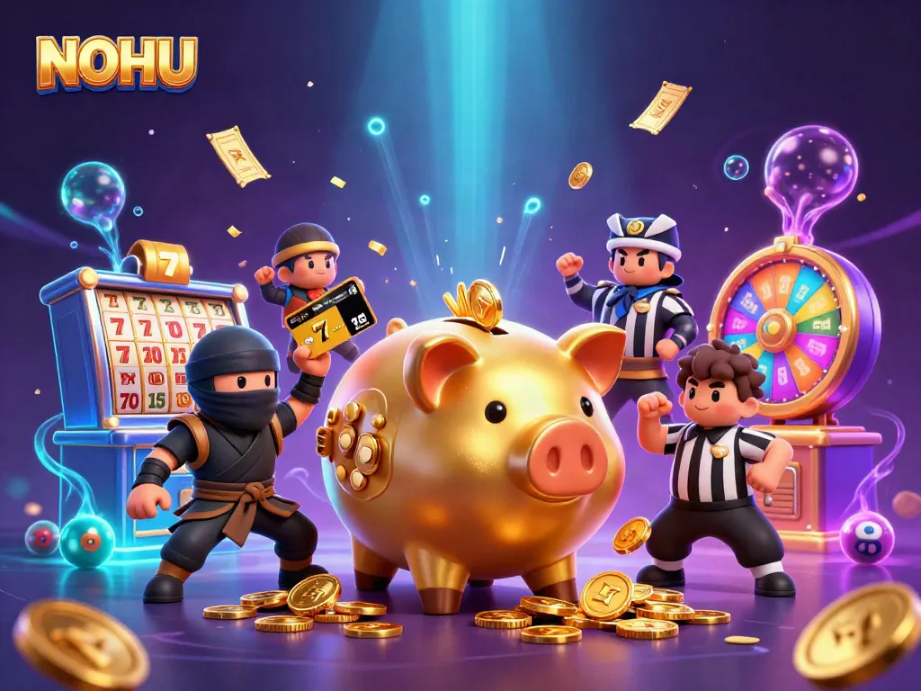 NOHU offers thrilling jackpot action with vibrant slot reels and golden prizes raining down.