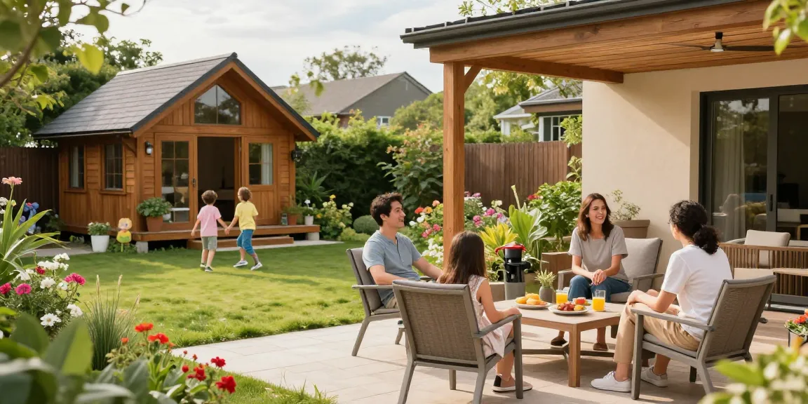 Gartenhäuser im Garten mit Familie, Kinder spielen, entspannte Atmosphäre