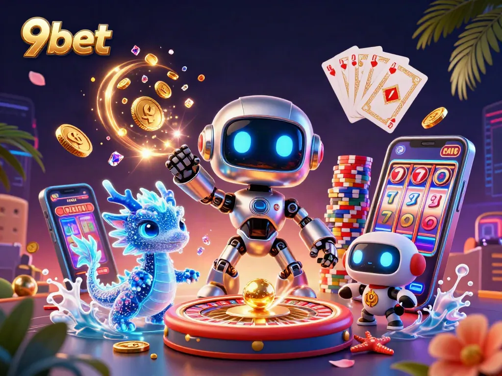 Experience thrilling action with 9bet in this vibrant 3D casino scene featuring exciting game elements.