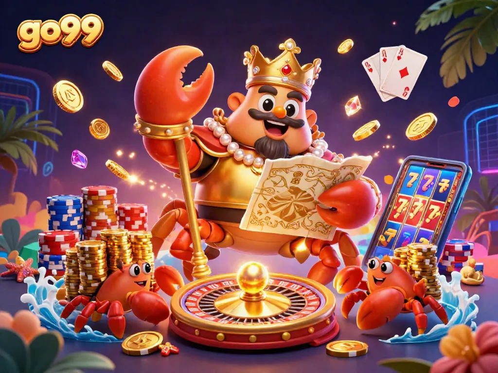 go99's golden crab emperor leads a vibrant casino adventure with dazzling elements and treasure.