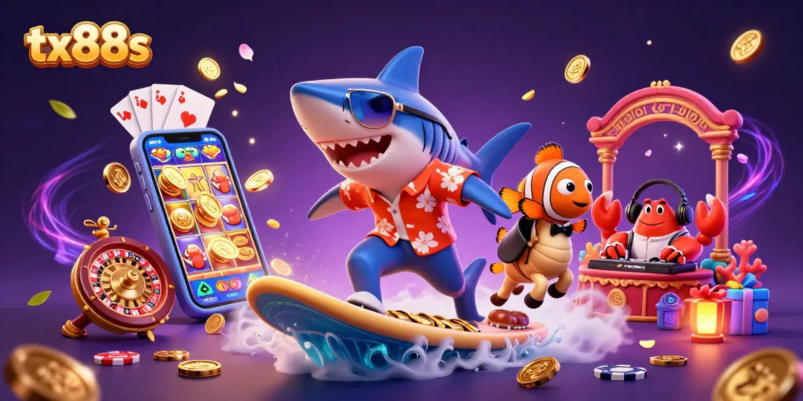 Experience excitement with tx88s as a hammer-headed shark surfs on gold coins with playful sea creatures.