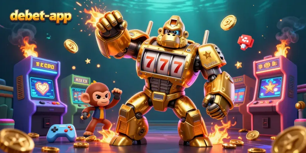 Experience excitement with debet-app's thrilling golden gorilla mech surrounded by dynamic casino elements.