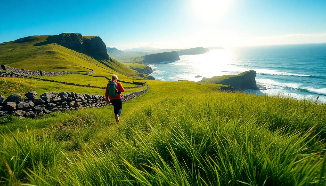 Irland wandern auf malerischen grünen Hügeln mit einer farbenfrohen Aussicht.