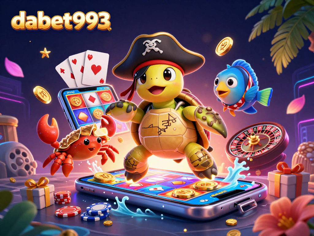 Experience the excitement of dabet993 with a colorful pirate-themed casino illustration showcasing vibrant slot games and treasure.
