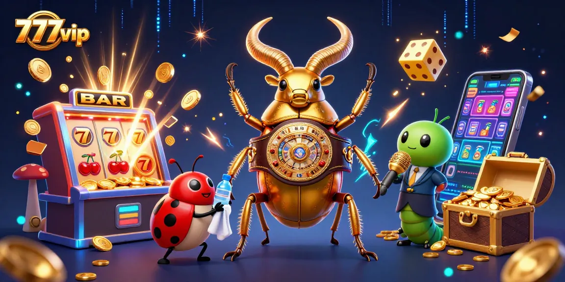 Engage with thrilling action at 777vip featuring a golden stag beetle and vibrant casino elements.
