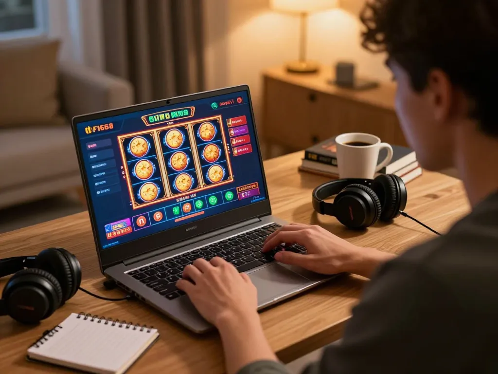 Player engaging with F168 online casino interface during a home gaming session.