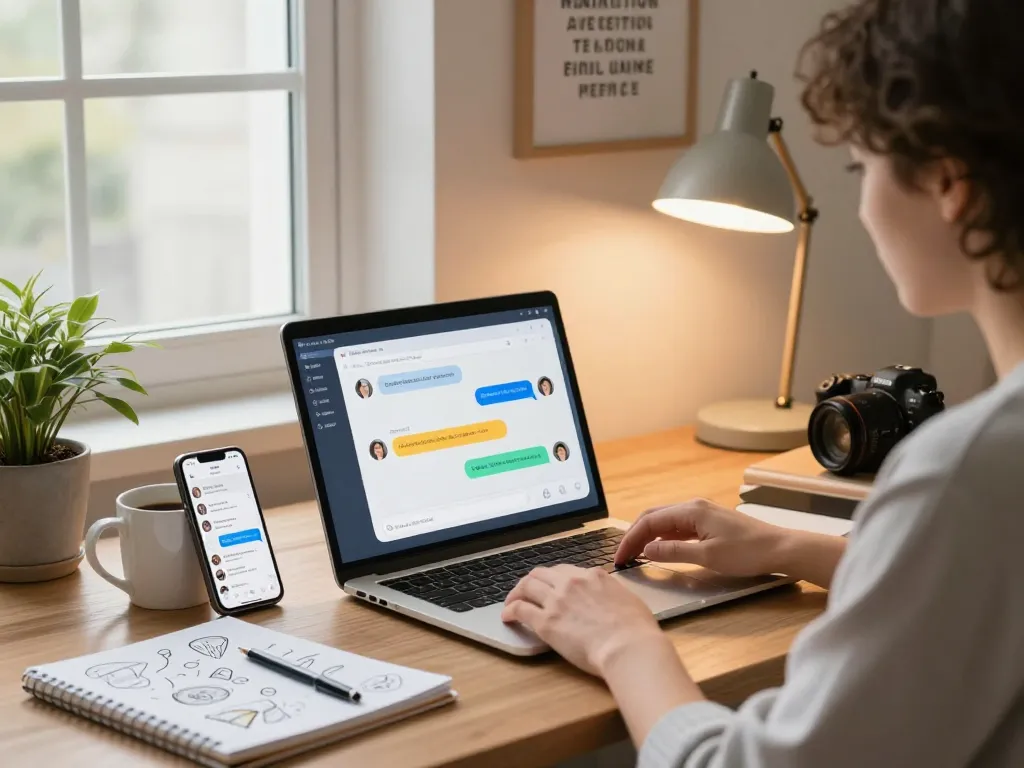 Person engaging in sexting AI conversation in a cozy home office, showcasing modern tech and personal connection.