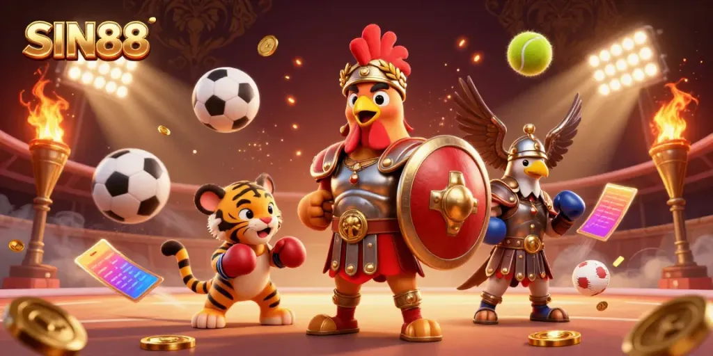 Experience thrilling sports betting at SIN88 with engaging characters and vibrant imagery.