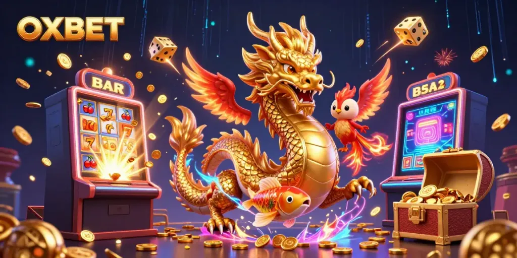 Spin to win with OXBET's vibrant casino adventure featuring a golden dragon and lucky symbols.