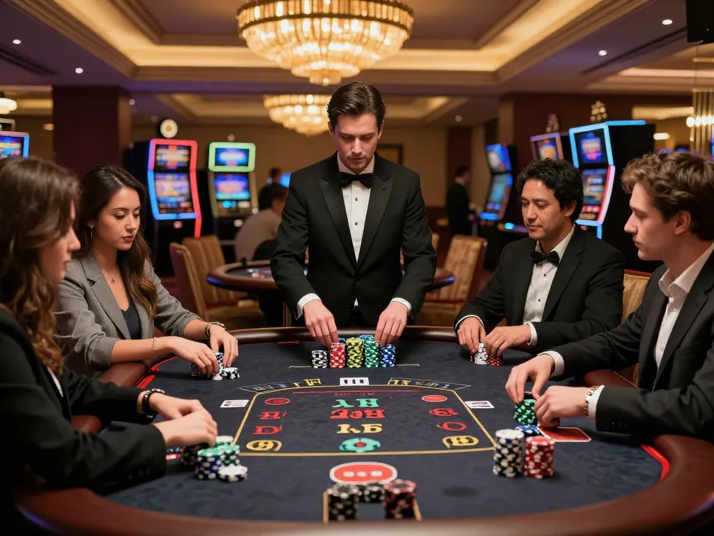 Players engaging in blackjack action at 79King casino table with vibrant atmosphere and chips.