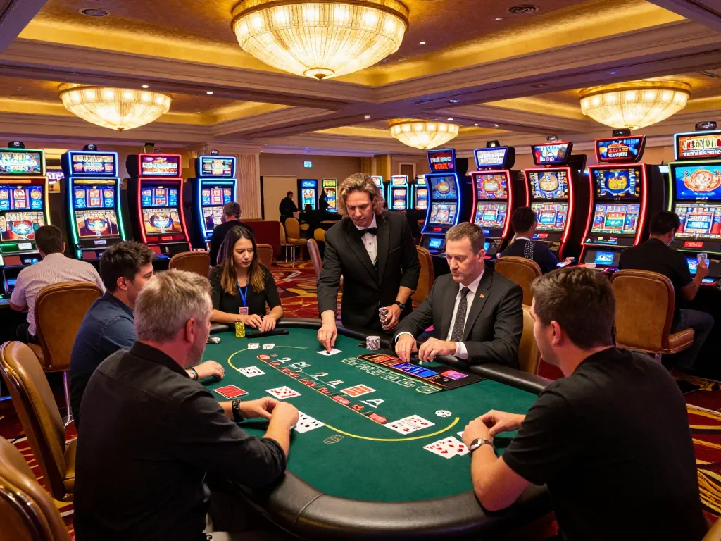 Engaging Go8 blackjack game scene in a vibrant Las Vegas casino floor atmosphere