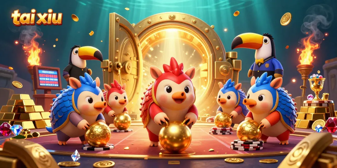 Tai xiu pangolins compete in a vibrant casino setting, rolling dice amidst gold and jewels.