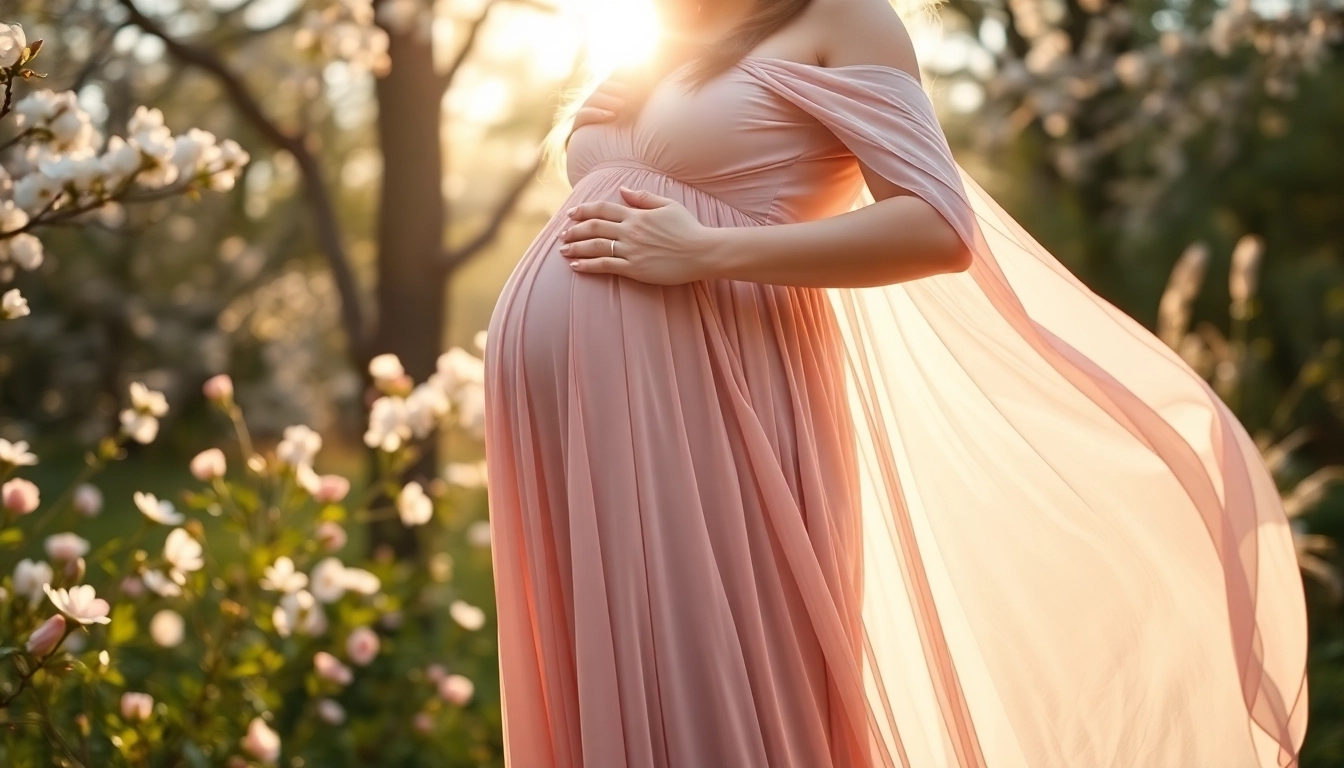 Schwangerschaftsfotografie mit einer schwangeren Frau in einer blühenden Naturumgebung.