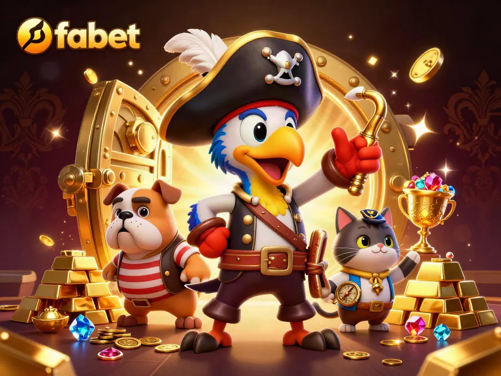 Engage with fabet's exciting 3D pirate-themed casino scene filled with golden treasures and vibrant gems.