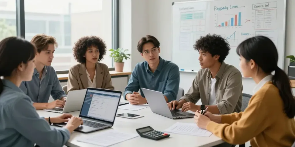 Consultation at edmonton.paydayloans-on.ca showing diverse individuals discussing financial strategies in a modern office.