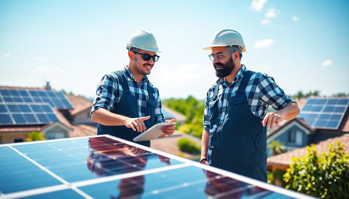 Erfolgreiche Photovoltaik Leads mit Solarinstallateuren, die Panels diskutieren.