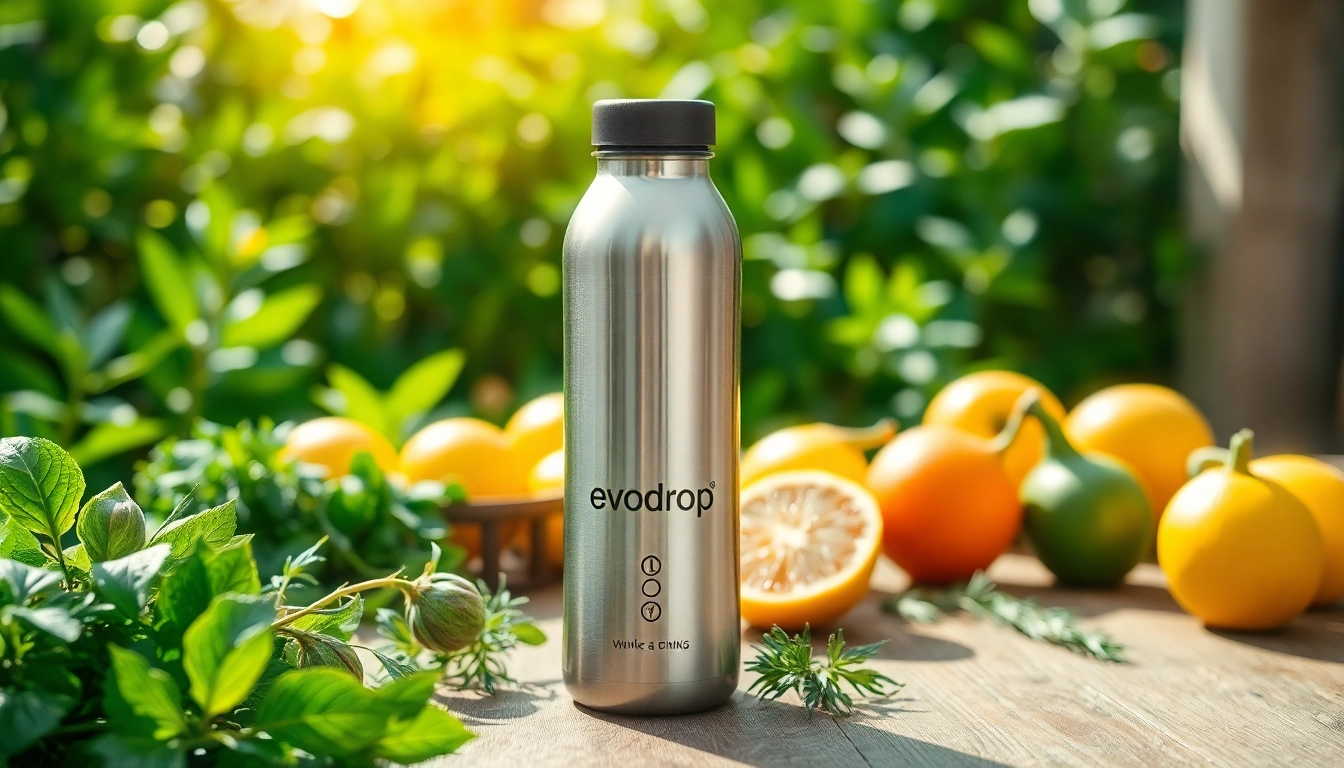 Evodrop - innovativer Trinkbehälter umgeben von frischen Früchten und Kräutern.