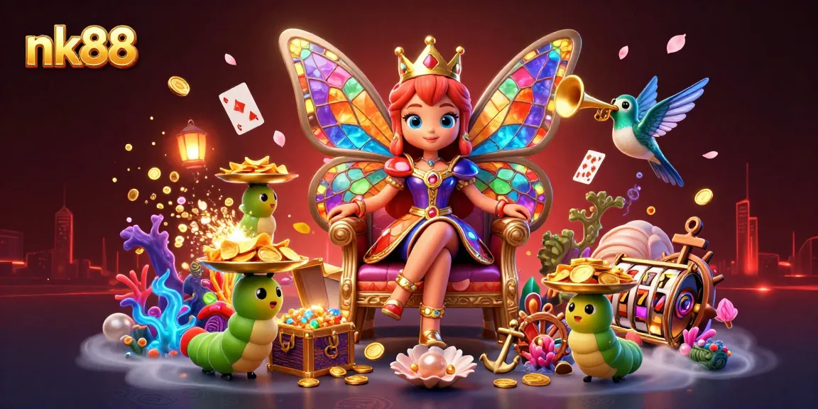 Experience nk88 with vibrant scenes of slots, gold coins, and illuminated characters in a casino setting.