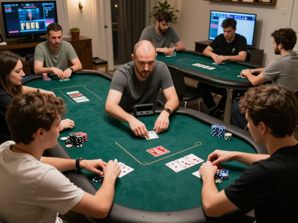 Engaging in strategic online poker gameplay on a tablet, featuring a lively atmosphere and focused players