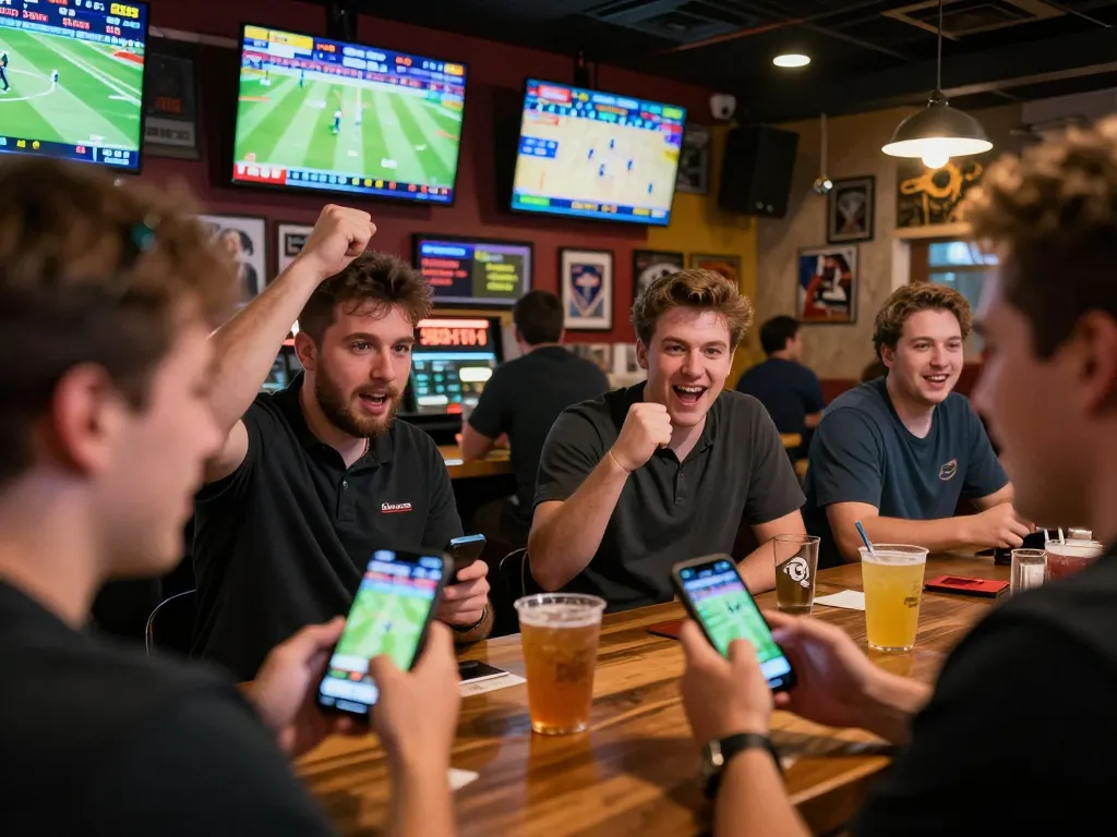 Engaged sports bettors analyzing odds while using the Link SC88 app in a lively sports bar.