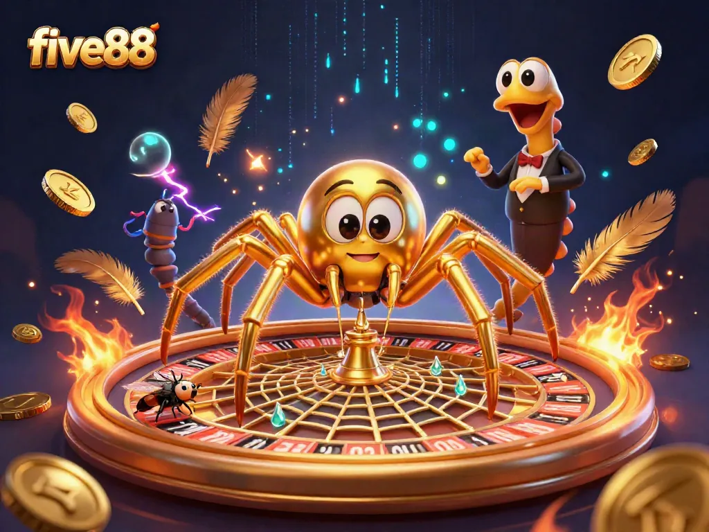 Engage in thrilling bets at five88 with a cartoon spider spinning a roulette wheel web.