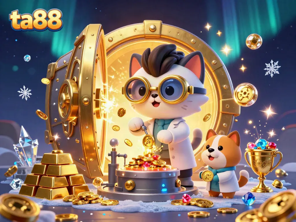 Experience the thrill of ta88 with a dynamic scene featuring a mad scientist cat and assistant in a casino lab.