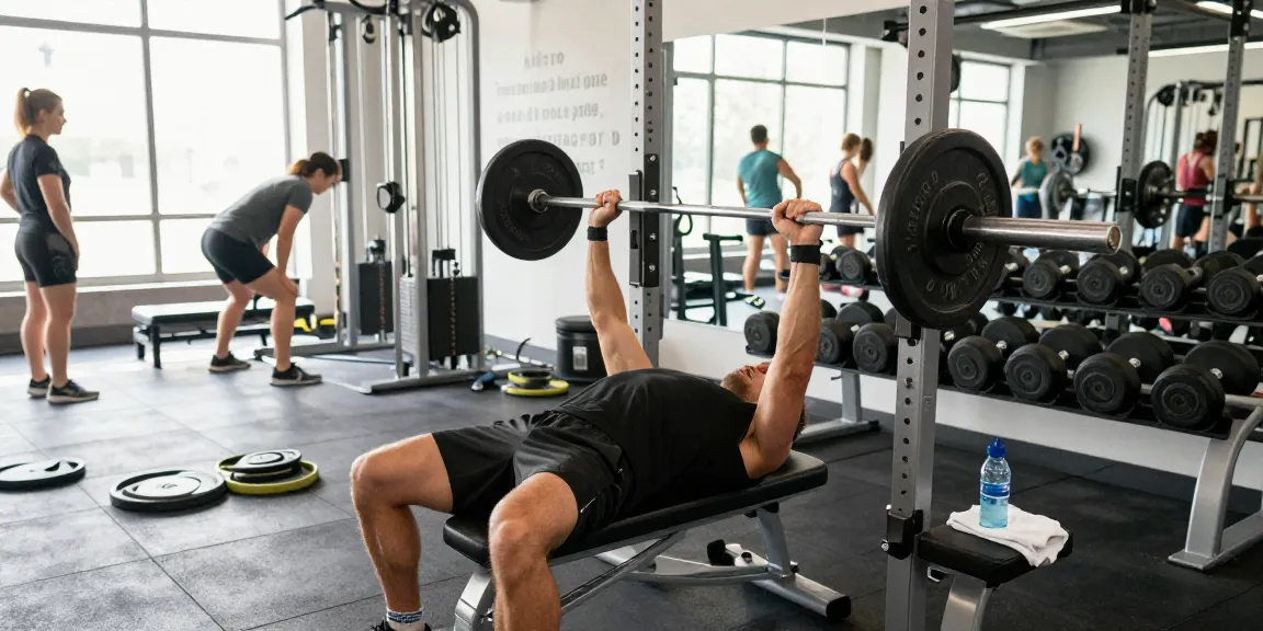 Sportler führt Bankdrücken in einem hellen Fitnessstudio aus, betont Hingabe und Stärke im Anabolika Shop Deutschland.