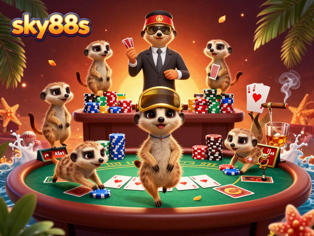 Engaging meerkats from sky88s run a busy casino scene, dealing cards and sneaking chips.