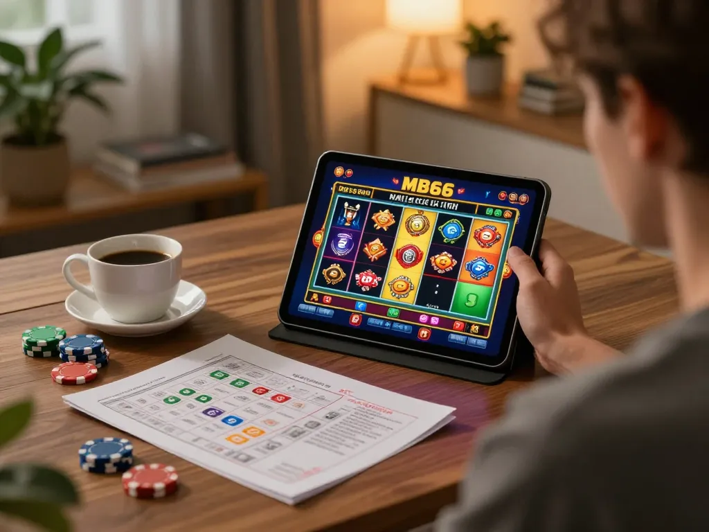 Engaging player enjoying MB66 online casino games from a cozy home setup, showcasing strategic gameplay.