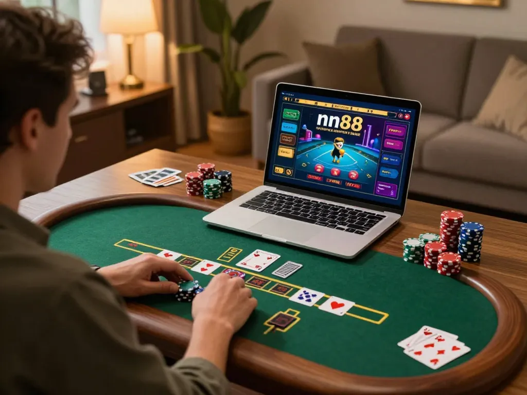 Engaging in blackjack on nn88's online platform from a stylish home office setup.