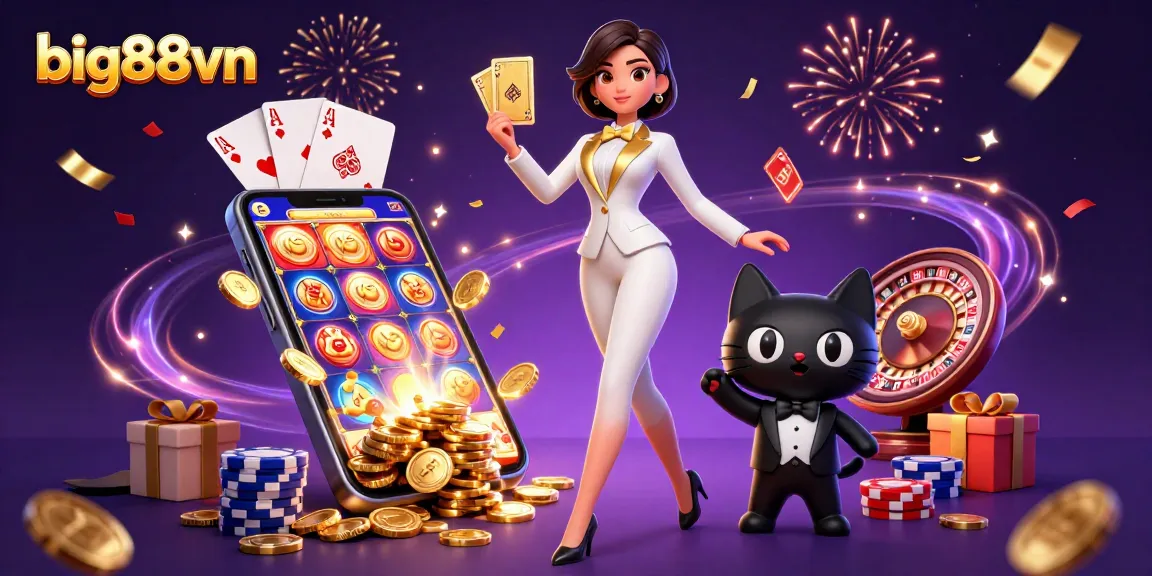 Experience excitement at big88vn with a glamorous dealer and dynamic casino elements, showcasing a vibrant gaming scene.