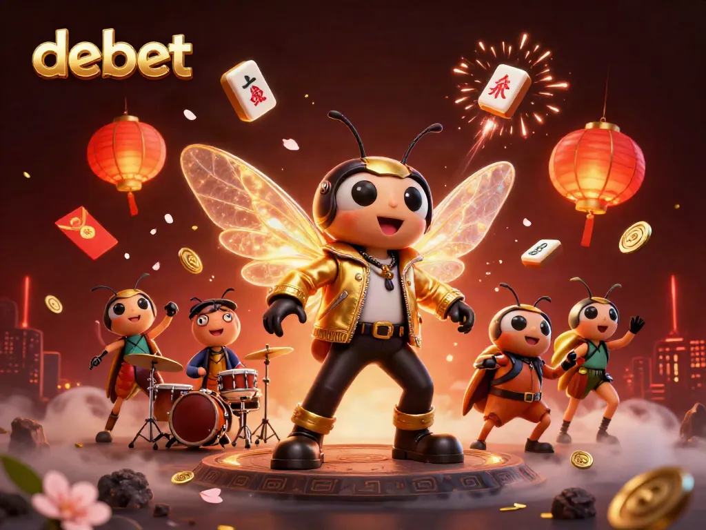 Experience debet entertainment with a stunning 3D illustration of an electric cicada rock star in a vibrant casino scene.