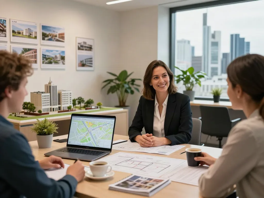 Bester Immobilienmakler Frankfurt berät Kunden in einem modernen Büro mit einer einladenden Atmosphäre.