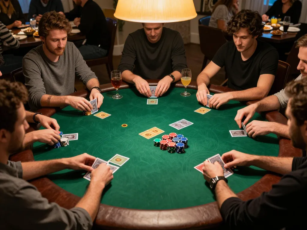 Players engaging in a thrilling poker game at home, showcasing fabet strategies and social excitement