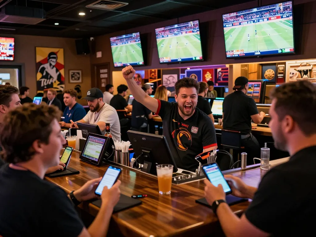Soi kèo nhà cái with excited bettors using smartphones at a bustling sports bar