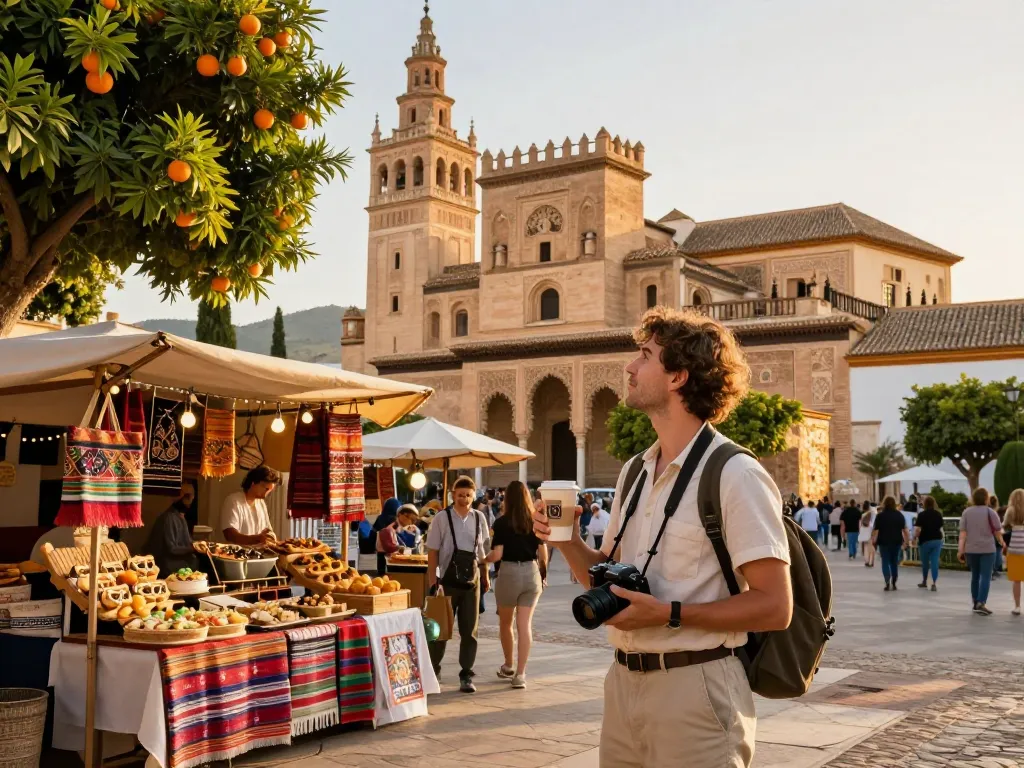 Reisetipps Sevilla: Reisender genießt die lokale Kultur vor dem Real Alcázar während der goldenen Stunde.