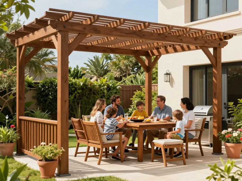 Anpassbarer Pergola Konfigurator, der einen Außenwohnraum für Familienfeiern verbessert