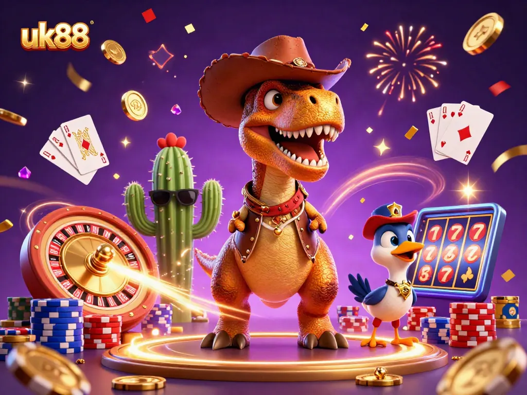 Spin the reels with excitement at uk88, featuring a vibrant casino scene with lively characters and dynamic elements.