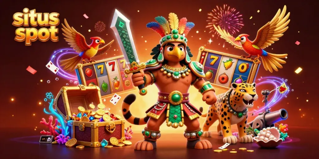 Play exciting situs slot games with vibrant symbols and warrior characters in this captivating 3D illustration.