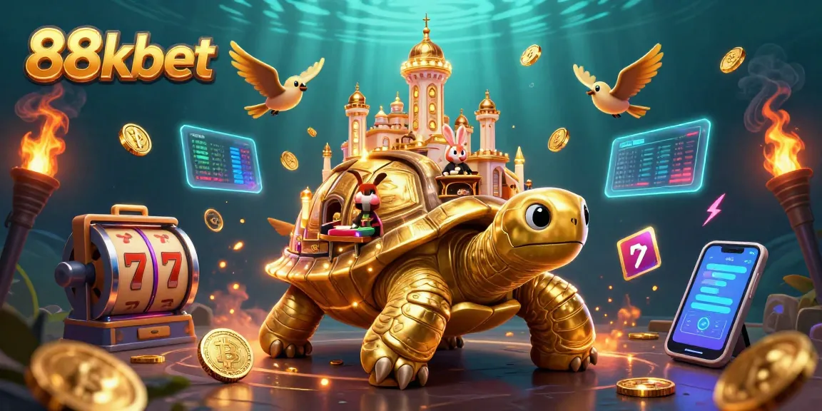 Experience the thrill of 88kbet with a vibrant 3D casino illustration featuring a golden tortoise and a rabbit dealer.