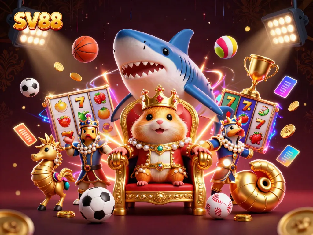 Engage with SV88's thrilling slot games while enjoying vibrant 3D scenes featuring a golden hamster king and dynamic gaming elements.