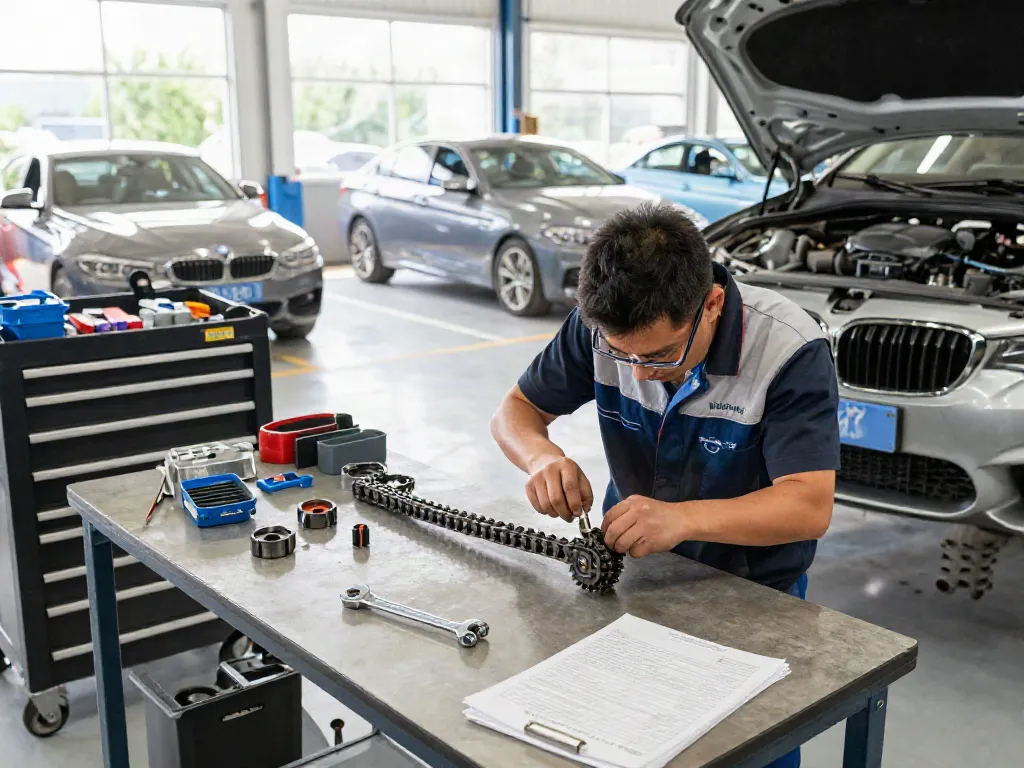 Mechaniker beim BMW Steuerkette wechseln in einer Werkstatt mit Werkzeugen und Fahrzeugen.