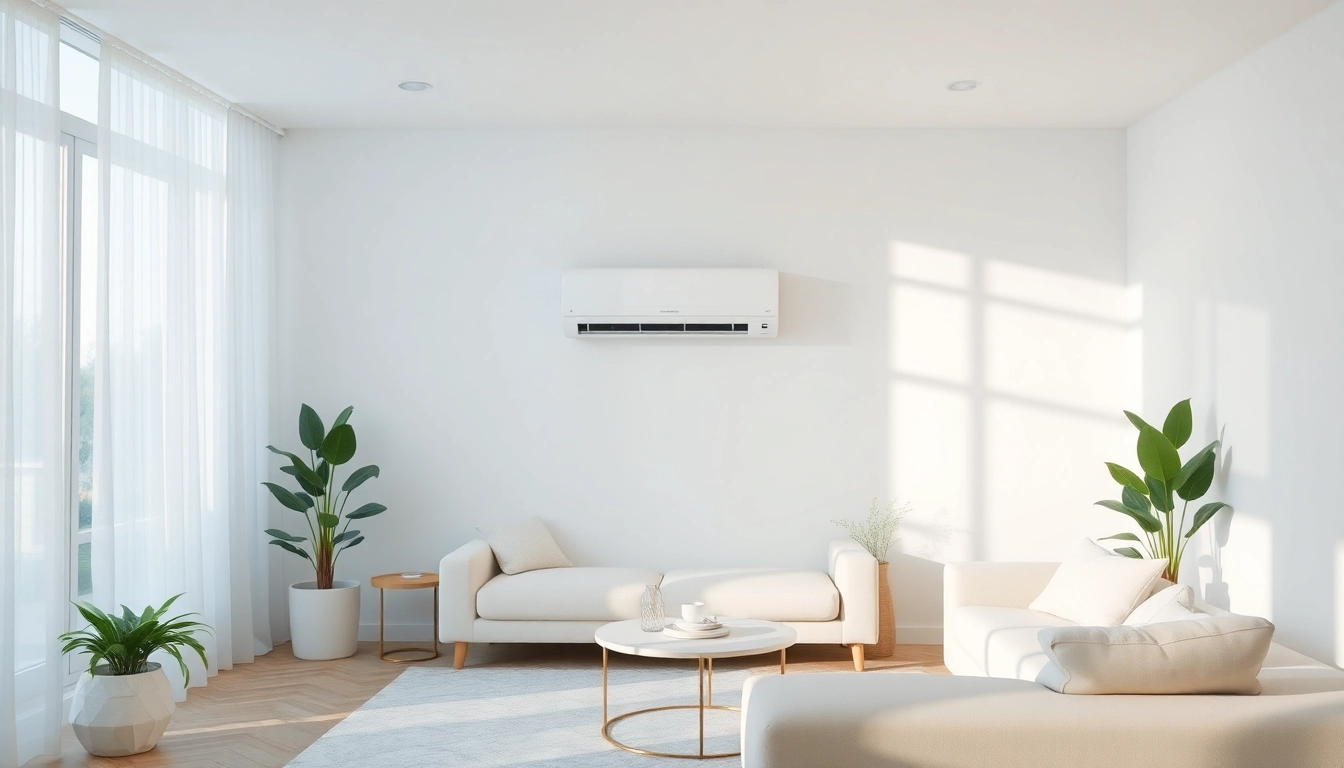 Klimaanlage kosten displayed in a modern living room with soft greens and natural light.