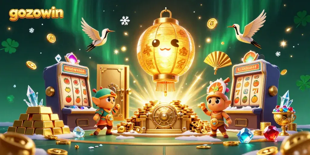 Spin and win at gozowin, a vibrant casino scene with golden lantern spirit and slot machines.