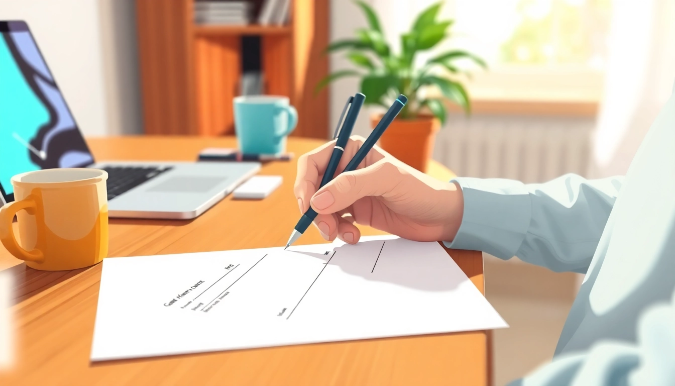 A person writing a check on a desk, focusing on checking details effectively, with a warm home office vibe.