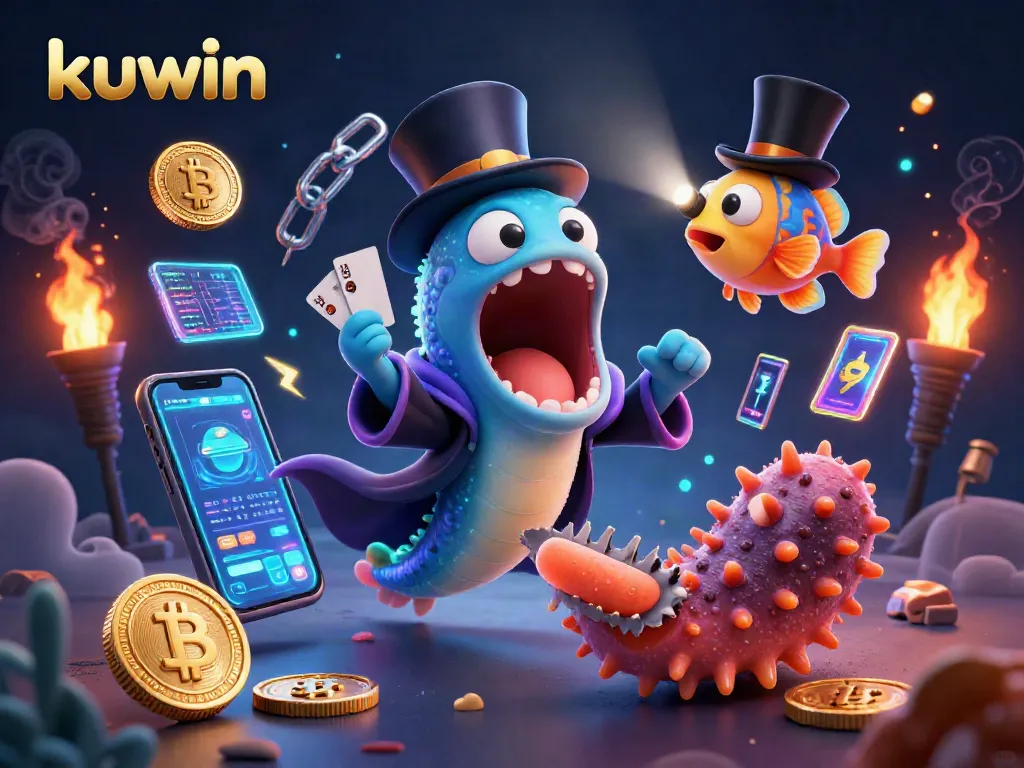 Kuwin showcases an animated scene of deep-sea characters performing thrilling card tricks, emphasizing vibrant gaming experiences.