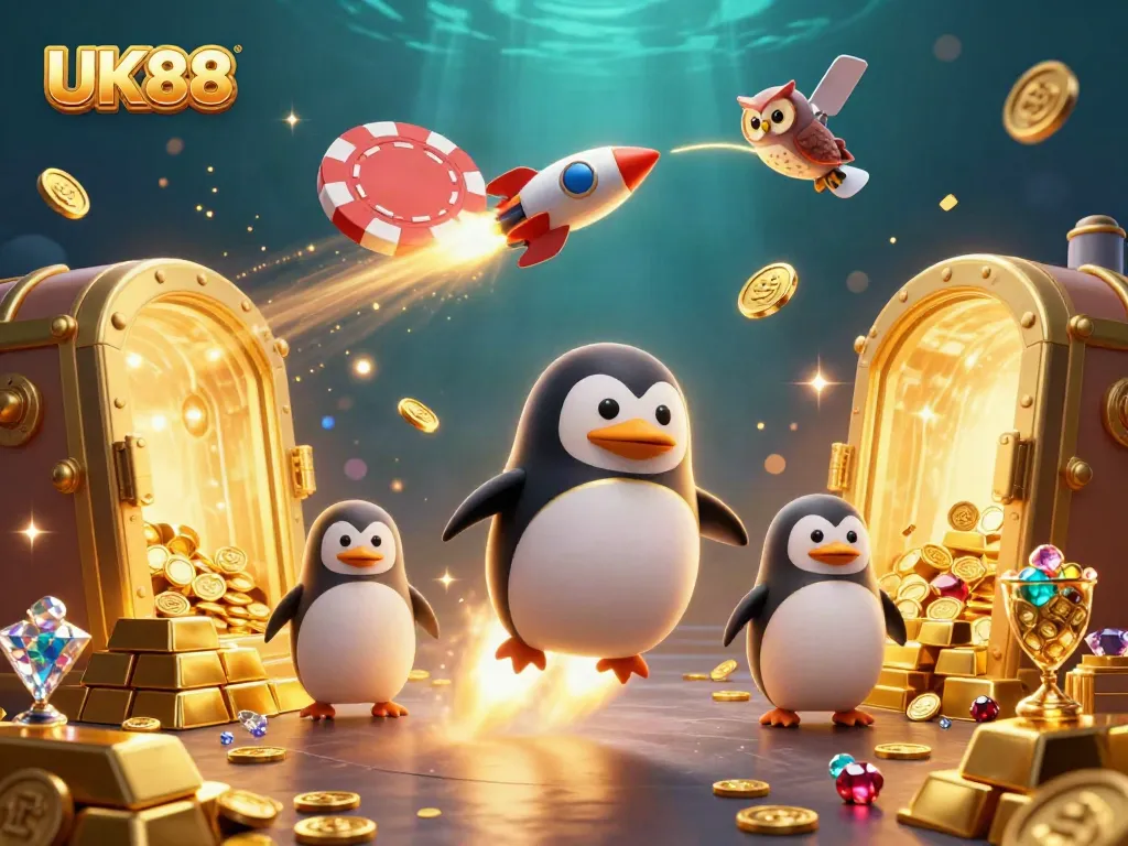 UK88 illustrates a golden penguin soaring towards a casino station, surrounded by treasures.