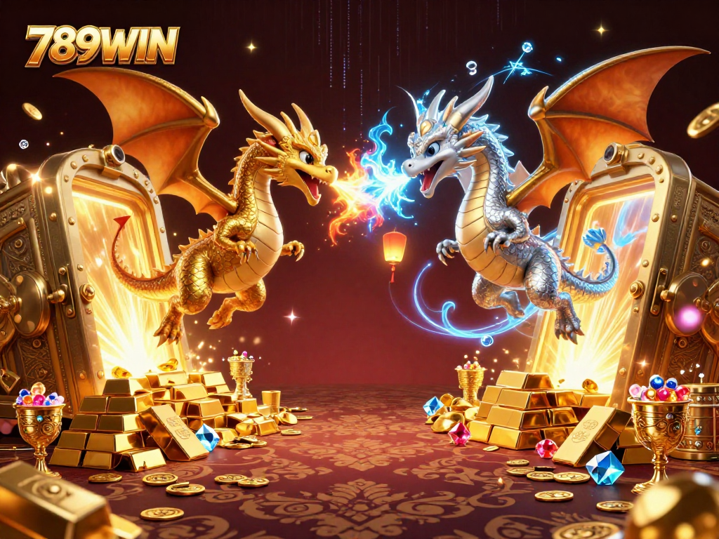 Experience thrilling gameplay at 789WIN with gold and silver dragons amidst treasures and vibrant casino elements.