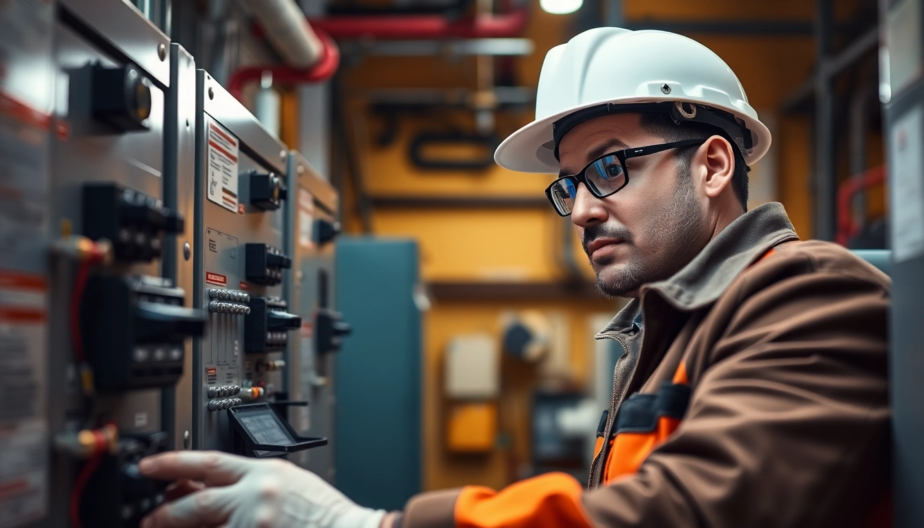 Technician performing a DGUV V3 Prüfung on electrical equipment, showcasing careful inspection techniques.