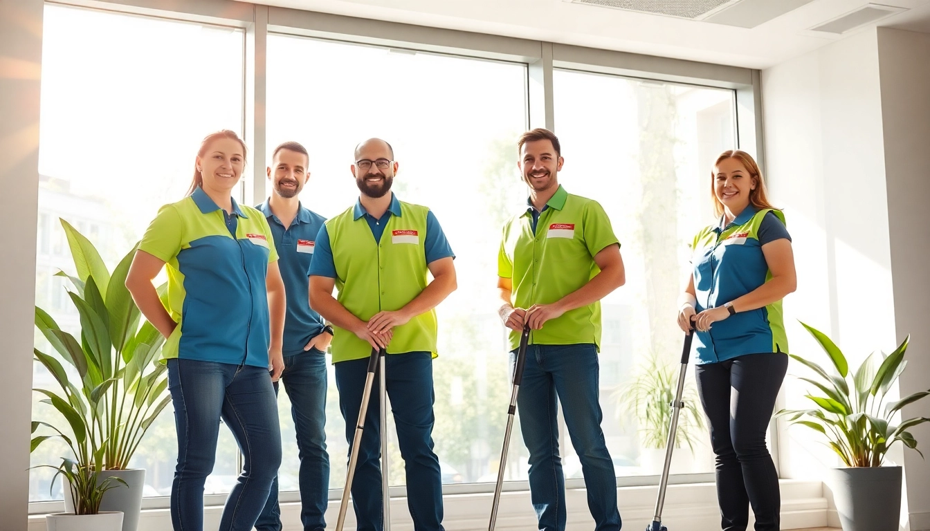 Gebäude mit Herz: Professionelles Reinigungsteam putzt ein großes Fenster in ansprechendem Büroumfeld.